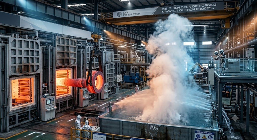 AISI 318LN Forging Manufacturing Process at Jiangsu Liangyi — Advanced Open Die Forging with Temperature-Controlled Furnaces and Water Quench, Jiangyin, China