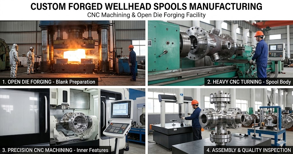 Custom Forged Wellhead Spools Manufacturing - CNC Machining & Open Die Forging Facility